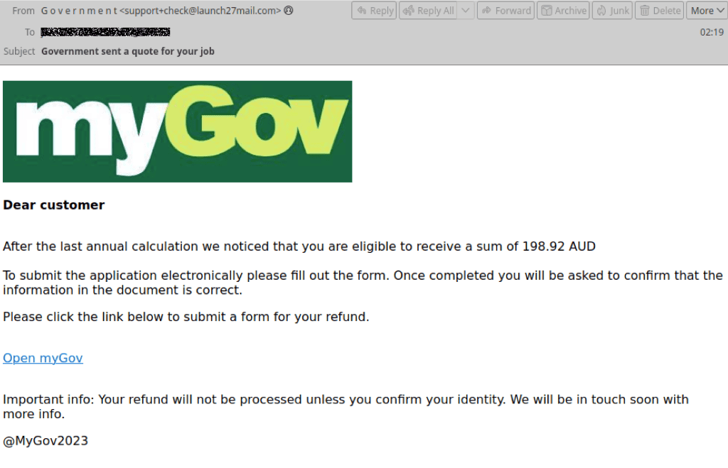 Example of Phishing Email, designed to mimic MyGov email